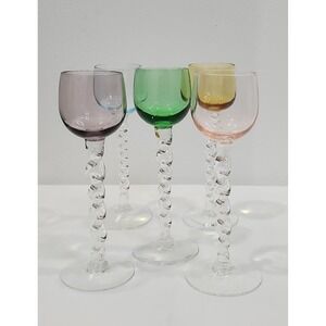 Vintage Multi Color Twisted Stem Cordial Glasses Set of 5 Jewel Tone Liqueur